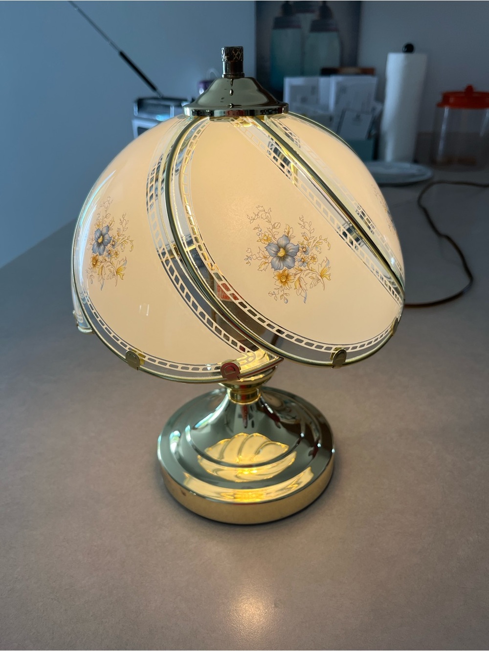 Vintage Floral Glass Table Lamp in Cream and Gold- Touch Lamp